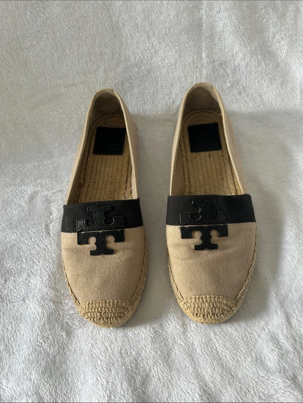 Tory Burch Beige Canvas Espadrilles with Black Logo Band